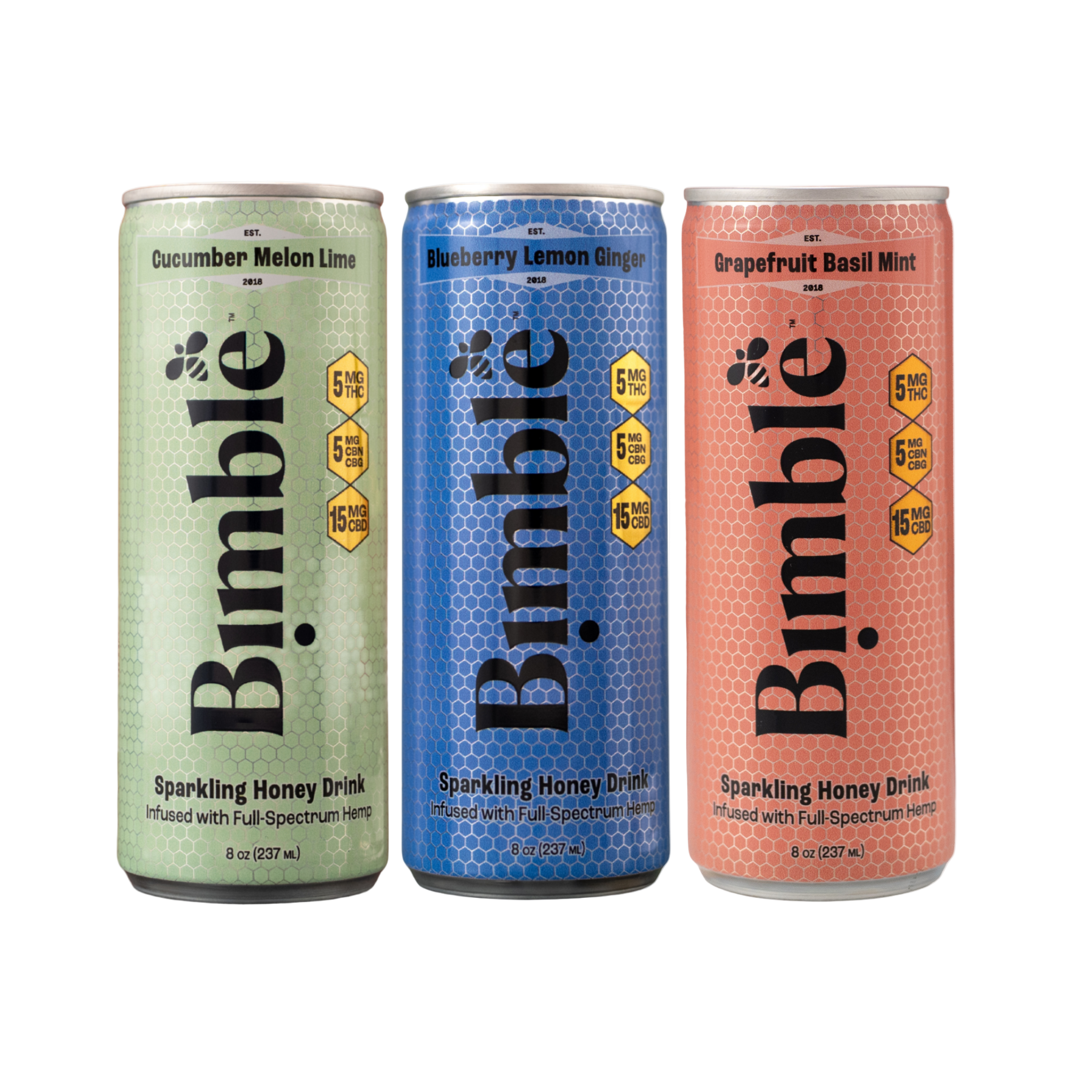 Three cans of Bimble sparkling honey drinks in different flavors on a white background